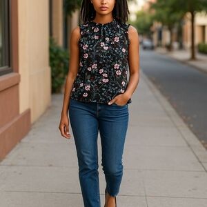 Womens Medium floral on black, ruffles on neck abd cap sleeves.